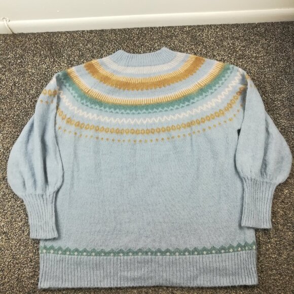 2021 J Crew Sweater Fair Isle Wool Alpaca Puff Sleeve Raglan Blue Womens Large - Picture 4 of 9